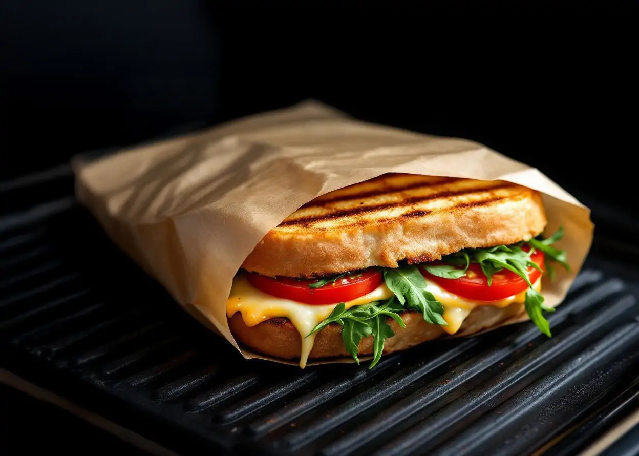 Ein Kontaktgrillbeutel mit einem Sandwich liegt auf einem Kontaktgrill.