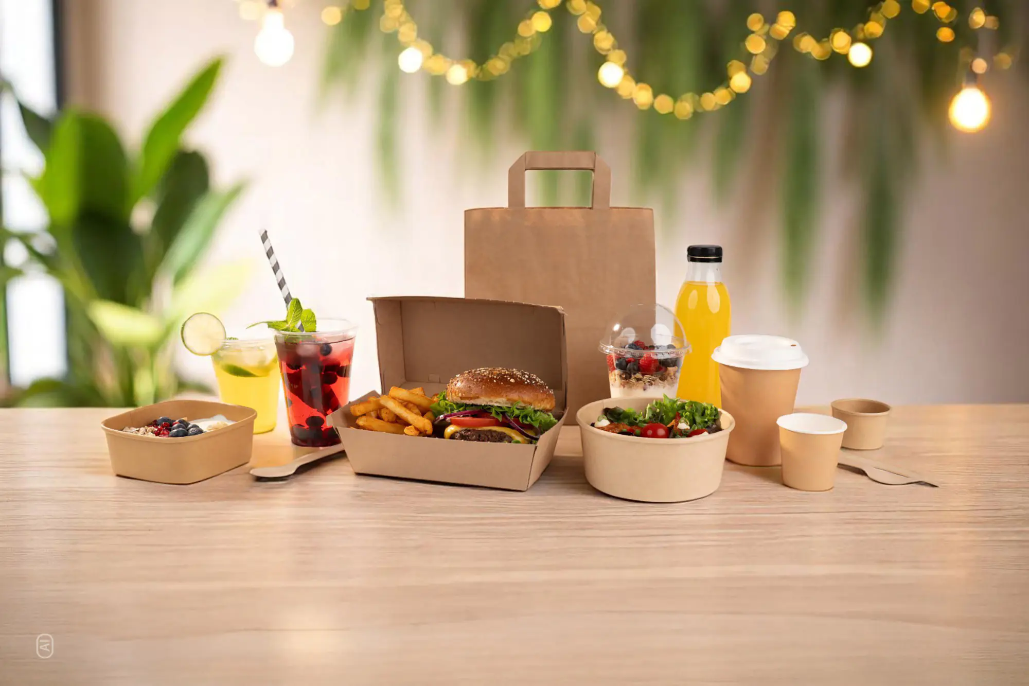Mehrere Verpackungen für Essen sind auf einem Holztisch platziert