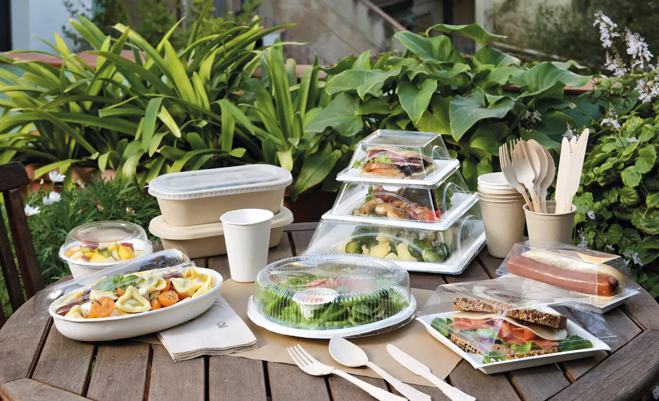 Recycelbare und stapelbare Verpackungen mit transparentem Deckel stehen draußen auf einem Holztisch