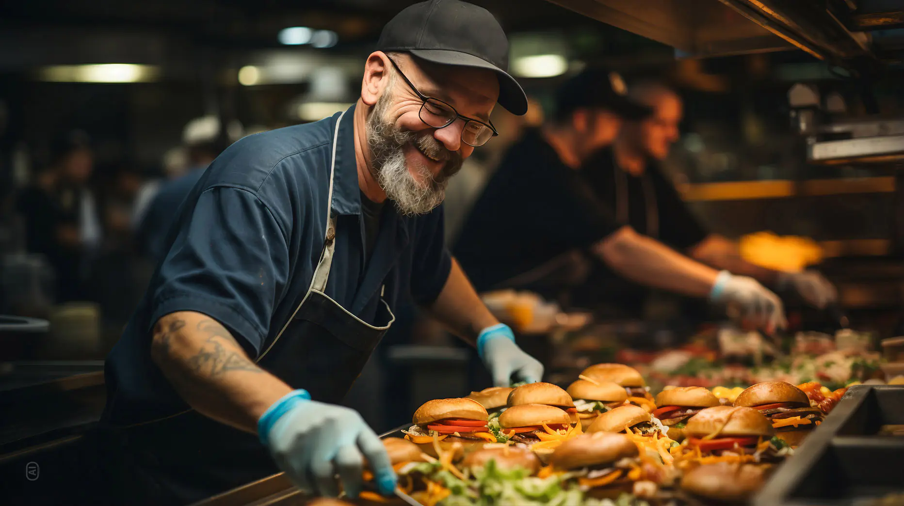 Burger werden in einer professionellen Küche frisch zubereitet.