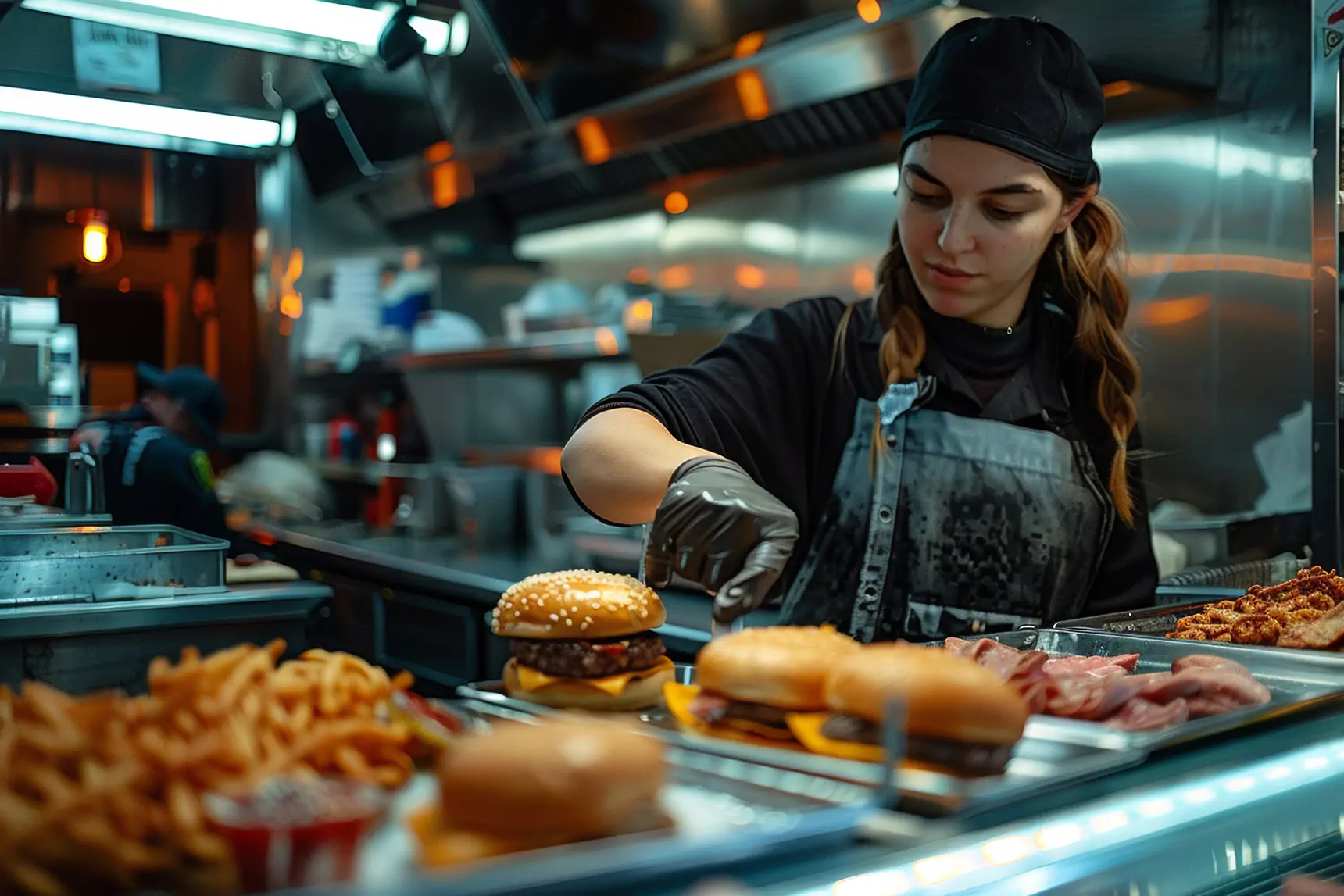 Im Fast-Food-Restaurant bereitet eine Mitarbeiterin Burger zu