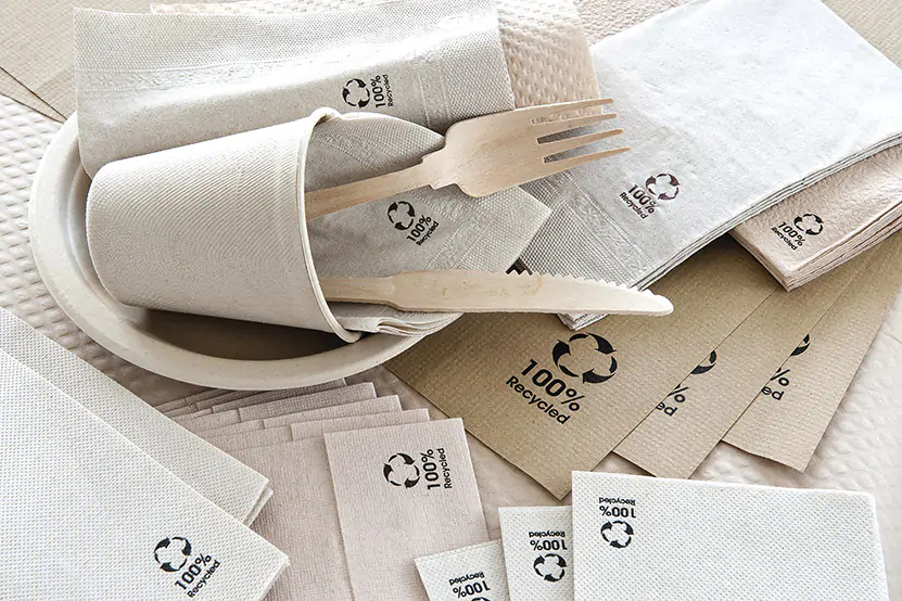 Nachhaltiges Holzbesteck ist in einem Papierbecher auf einem Pappteller mit Servietten arrangiert