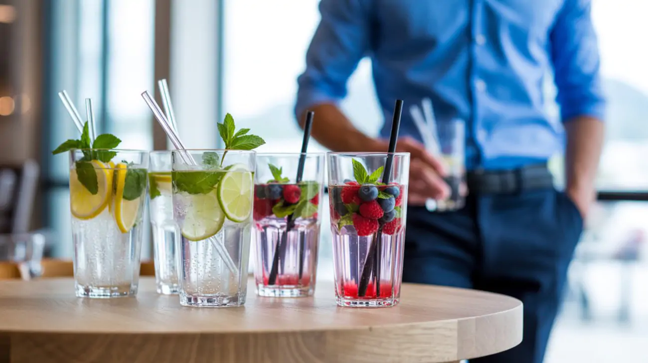Mehrwegstrohhalme aus Glas und PPA stehen in einem Glas mit Getränken auf einem Tisch