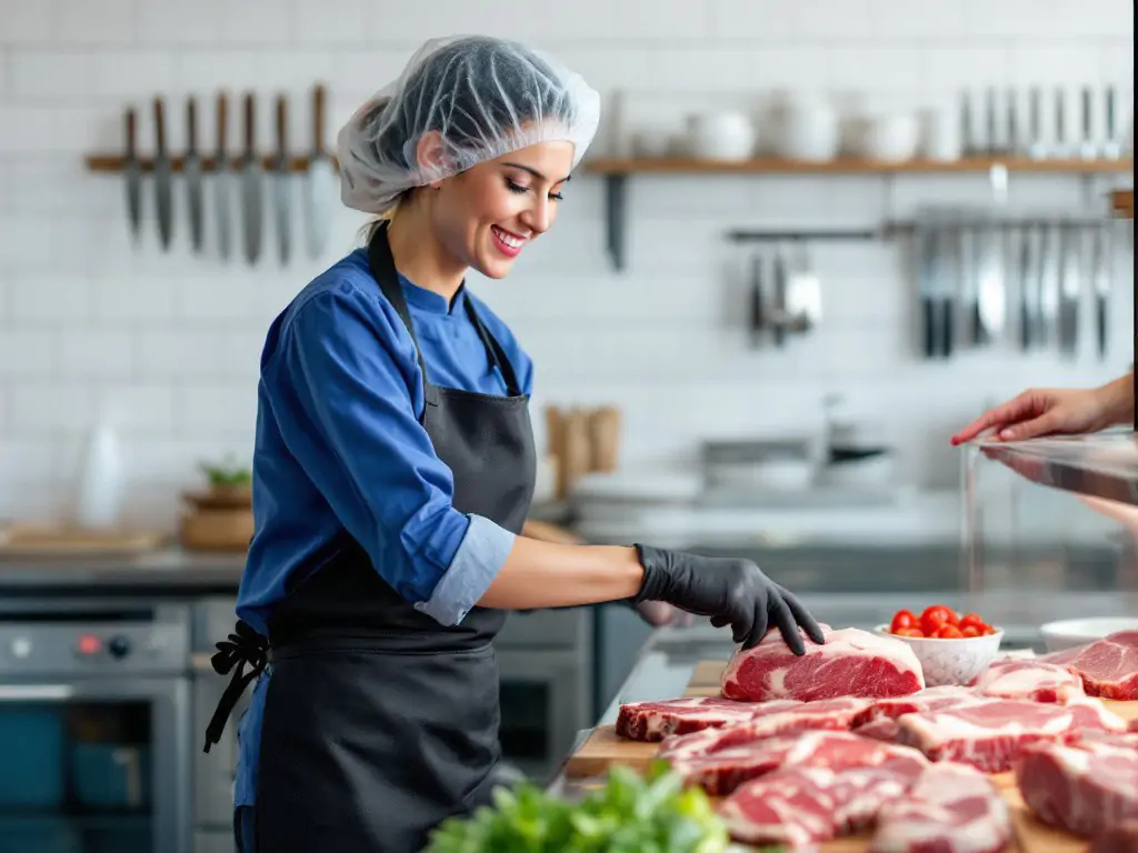 Eine Frau mit Hygienehaube und Handschuhen schneidet rohes Fleisch hinter einer Theke