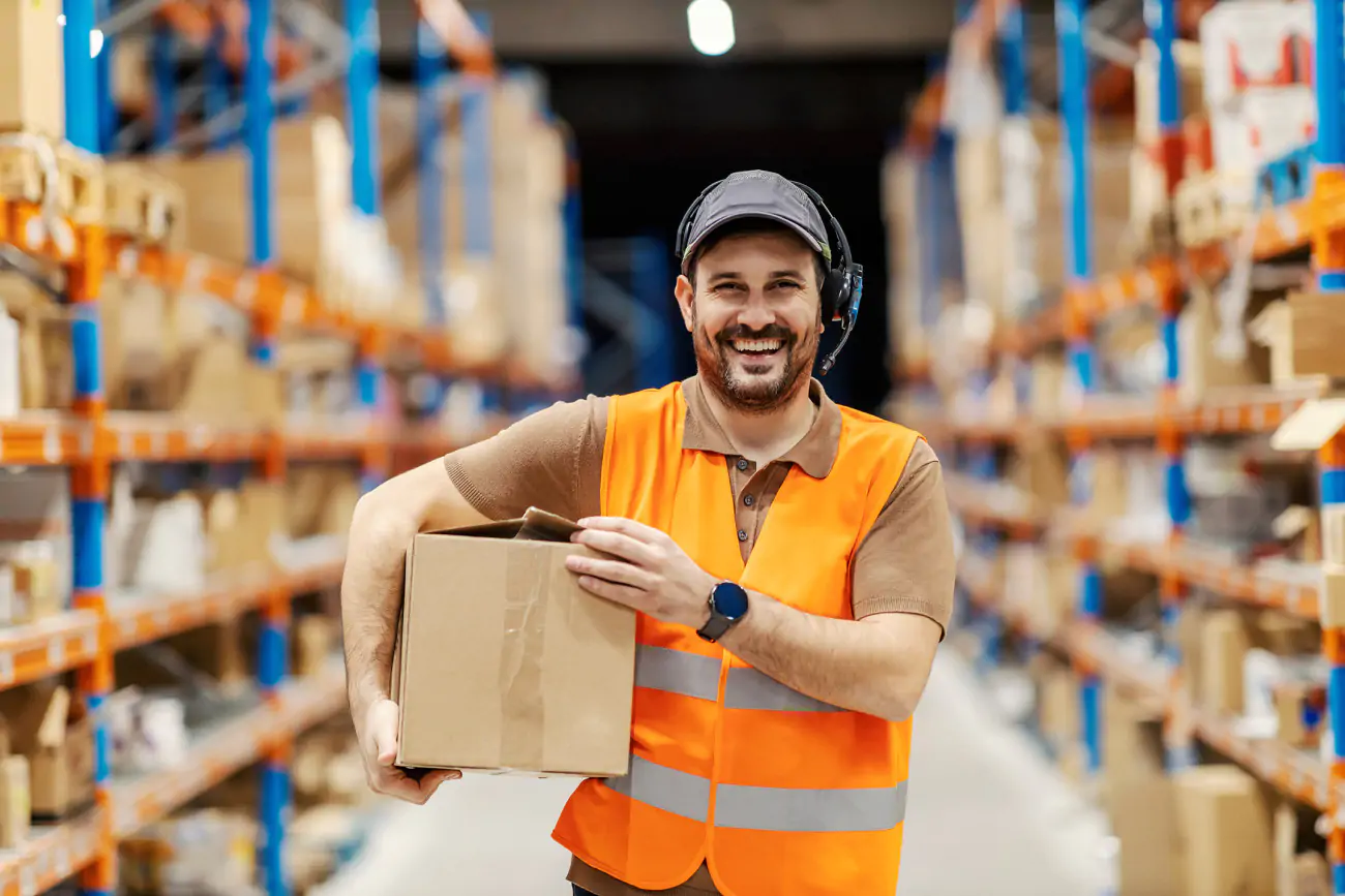 Ein Mann steht in einer Lagerhalle, hält ein Paket unter dem Arm und lacht in die Kamera